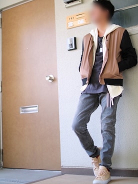 「アイテム（スタジャン、ブラウン系）」を使った、SHOさん（メンズ・163cm）の秋コーディネート