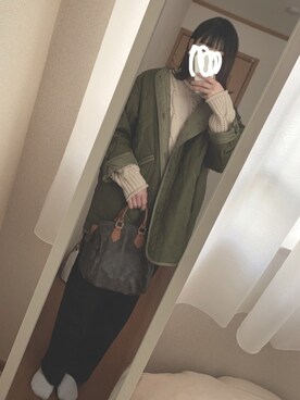 「FREAK'S STORE（フリークスストア）の【WEB限定】M65ライナーキルトコート（ノーカラーコート）（ノーカラージャケット、グリーン系）」を使った、sさん（レディース・166cm）の冬コーディネート