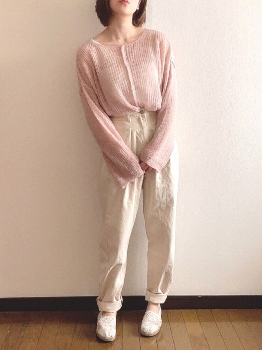 「ももち芸人、ももち買い、大学生、春コーデ、春ニット、Vannie U、ピンク、プチプラ」｜「VANNIE Uの透けシャーベットニット（ニット/セーター、ピンク系）」を使った、まるすけさん（レディース・156cm）の春コーディネートの1枚目の写真
