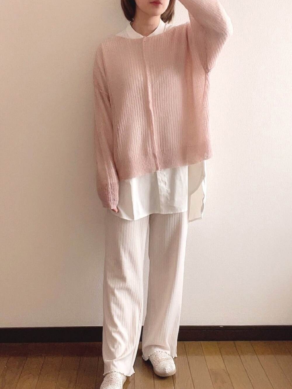「ももち芸人、ももち買い、大学生、春コーデ、シアーニット、ピンク、Vannie U、プチプラ」｜「VANNIE Uの透けシャーベットニット（ニット/セーター、ピンク系）」を使った、まるすけさん（レディース・156cm）の春コーディネートの1枚目の写真
