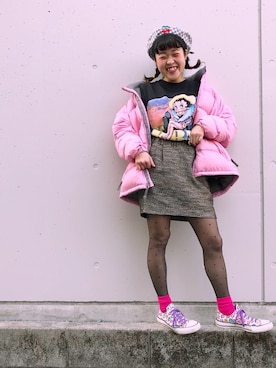 「おんなのこコーデ」｜「アイテム（ダウンジャケット/コート）」を使った、ちゃむさん（レディース・150cm）の冬コーディネート