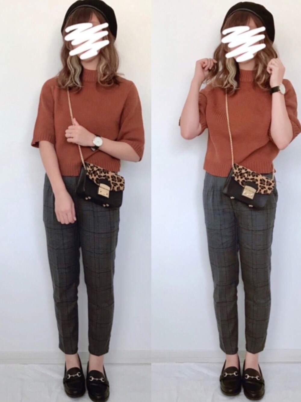 「秋冬コーデ、カジュアルコーデ、プチプラ、ビットローファー、チェツクパンツ、レオパードバッグ、ブラウンニット、ベレー帽、オトナカジュアル、オトナ女子」｜「GRLのクロップドニットトップス（ニット/セーター、ブラウン系）」を使った、うーまんさん（レディース・158cm）の秋コーディネートの1枚目の写真