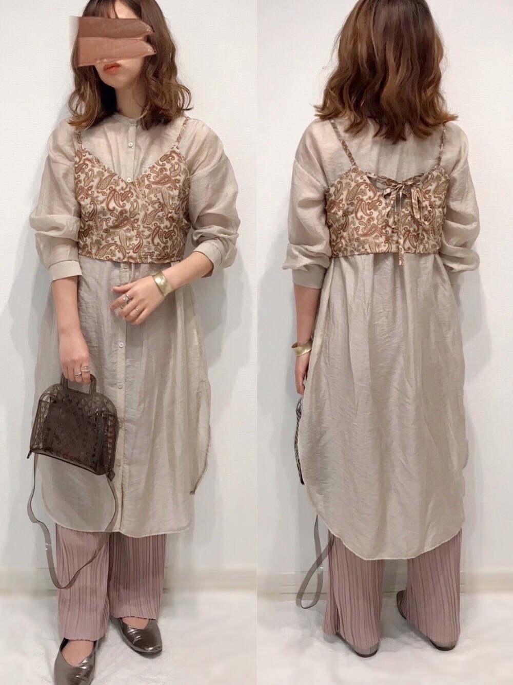 「プリーツパンツ、ピンク、シアートップス、シアーシャツワンピース、ペイズリー、プチプラ、ビスチェ、しまむら、WEGO、アベイル」｜「しまむらのアイテム（シャツワンピース、ベージュ系）」を使った、うーまんさん（レディース・158cm）の春コーディネートの1枚目の写真