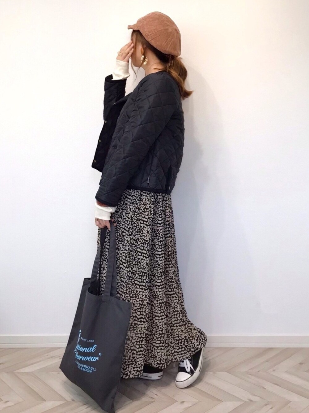 「秋のマイ旬スタイル、polcadot、Traditional Weatherwear、arholiday、秋コーデ、秋服準備はじめました、レオパード、ロングスカート、キャスケット、PR」｜「polcadotのCURDUROY CASKET/コーディロイ キャスケット（キャスケット、ベージュ系）」を使った、うーまんさん（レディース・158cm）の秋コーディネートの1枚目の写真