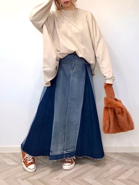 「reca（レカ）のゆったりラフな着心地◆超ビッグシルエットカットソー（Tシャツ/カットソー）」を使った、うーまんさん（レディース・158cm）の秋コーディネート