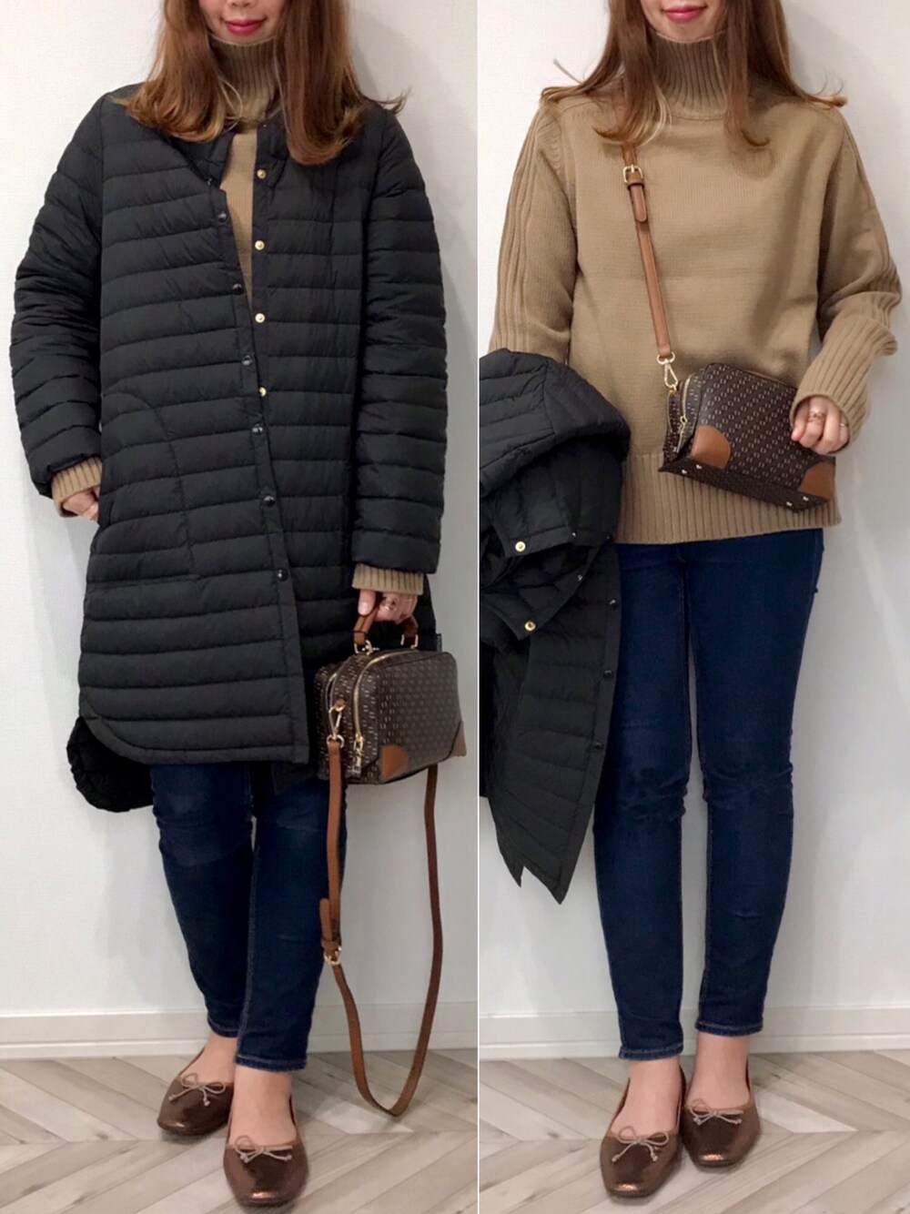 「Traditional Weatherwear、sugarbisket、RODE SKO、ロングコート、スクエアバッグ、バレエシューズ、ビッグシルエット、ショルダーバッグ、大人カジュアル、PR」｜「Traditional WeatherwearのARKLEY LONG DOWN PACKABLE（ダウンジャケット/コート、ブラック系）」を使った、うーまんさん（レディース・158cm）の秋コーディネートの1枚目の写真