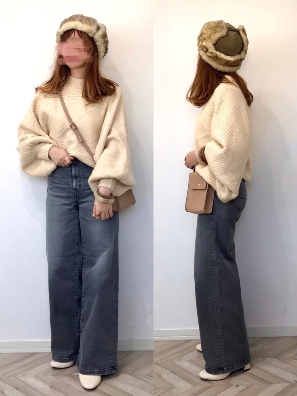 「polcadot、auntie rosa holiday、SOMETHING、ボリューム袖、白ニット、ワイドパンツ、ビッグシルエット、GU、プチプラ、PR」｜「Rubenの【Ruben】MIX FUR  FLIGHT CAP（キャップ、グリーン系）」を使った、うーまんさん（レディース・158cm）の秋コーディネートの1枚目の写真