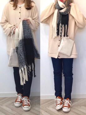 「アイテム（ストール/ショール、ホワイト系）」を使った、うーまんさん（レディース・158cm）の冬コーディネート