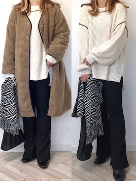 「白ニット」｜「アイテム（ノーカラージャケット）」を使った、うーまんさん（レディース・158cm）の冬コーディネート