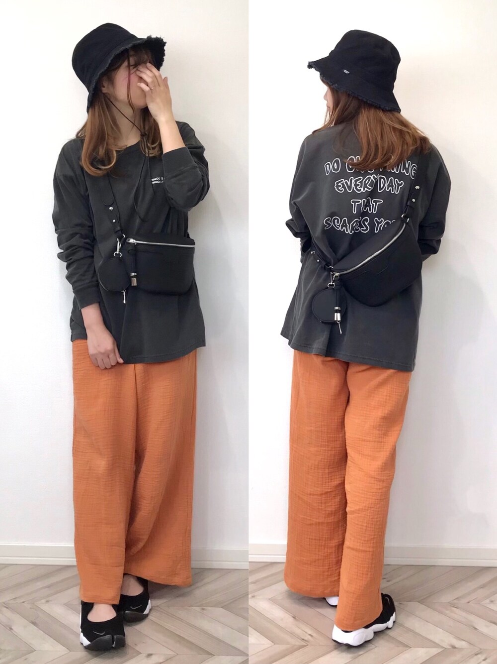 「auntie rosa holiday、polcadot、LVEU.、エアリフト、カラーパンツ、ハット、バケットハット、ウエストポーチ、プリントT」｜「polcadotのDENIM FRINGE HAT/デニムフリンジ バケットハット（ハット、ブラック系）」を使った、うーまんさん（レディース・158cm）の春コーディネートの1枚目の写真