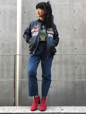 「hystericglamour」｜「アイテム（ライダースジャケット）」を使った、fukuchanさん（レディース・154cm）の秋コーディネート