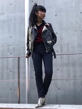 「hystericglamour」｜「アイテム（ライダースジャケット）」を使った、fukuchanさん（レディース・154cm）の冬コーディネート
