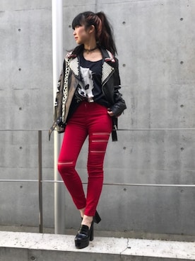 「hystericglamour」｜「アイテム（ライダースジャケット）」を使った、fukuchanさん（レディース・154cm）の冬コーディネート