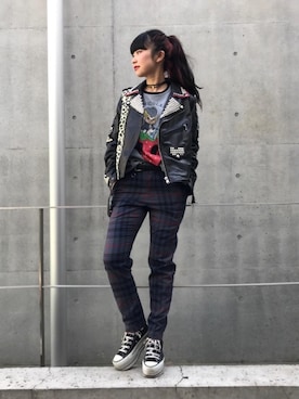 「hystericglamour」｜「アイテム（ライダースジャケット）」を使った、fukuchanさん（レディース・154cm）の春コーディネート