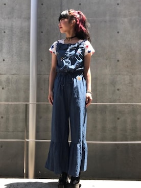 「アイテム（つなぎ/オールインワン、ブルー系）」を使った、fukuchanさん（レディース・154cm）の春コーディネート