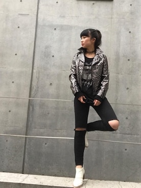 「アイテム（ライダースジャケット、シルバー系）」を使った、fukuchanさん（レディース・154cm）の秋コーディネート