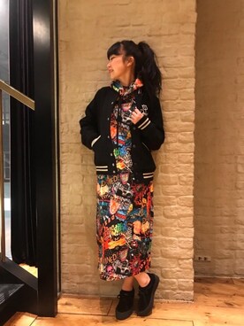 「厚底」｜「アイテム（スタジャン）」を使った、fukuchanさん（レディース・154cm）の冬コーディネート