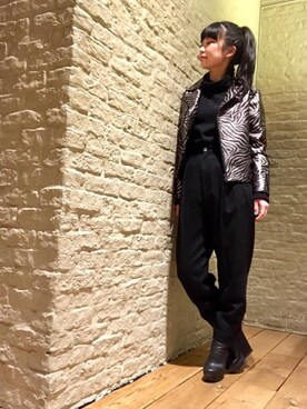 「アイテム（ライダースジャケット、シルバー系）」を使った、fukuchanさん（レディース・154cm）の冬コーディネート