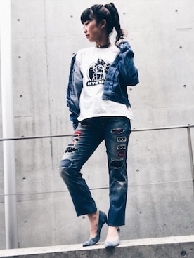 「スエット」｜「アイテム（デニムジャケット）」を使った、fukuchanさん（レディース・154cm）の春コーディネート