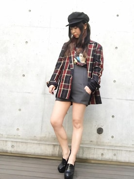 「赤チェック」｜「アイテム（キャスケット）」を使った、fukuchanさん（レディース・154cm）の春コーディネート