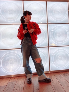 「アイテム（ミリタリージャケット、レッド系）」を使った、fukuchanさん（レディース・154cm）の秋コーディネート