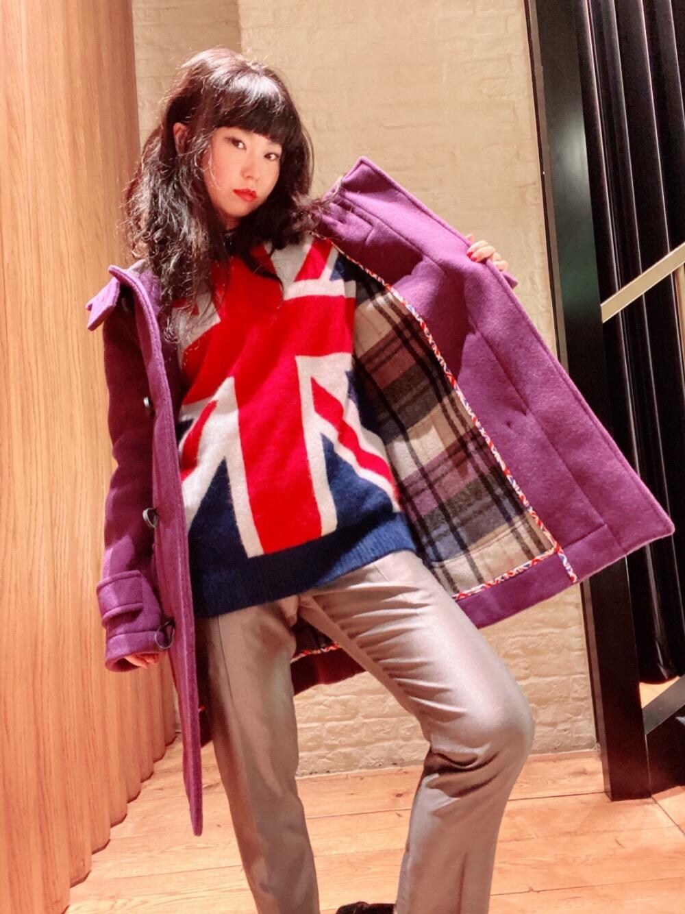 「ダッフルコート、ユニオンジャック、Hysteric Glamour、低身長、ヒステリックグラマー、HYSTERICS、ニットコーデ、thee hysteric xxx、モッズコーデ」｜「HYSTERIC GLAMOURのLONDON TRADITION×HYSTERIC/ダッフルコート（ダッフルコート、パープル系）」を使った、fukuchanさん（レディース・154cm）の秋コーディネートの1枚目の写真