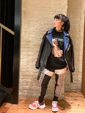 「コラボレーション」｜「アイテム（ライダースジャケット）」を使った、fukuchanさん（レディース・154cm）の冬コーディネート