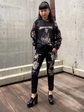「黒スキニー」｜「アイテム（スタジャン）」を使った、fukuchanさん（レディース・154cm）の夏コーディネート