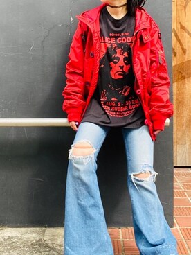 「アイテム（ミリタリージャケット、レッド系）」を使った、fukuchanさん（レディース・154cm）の秋コーディネート