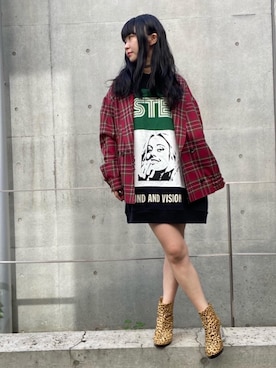 「赤チェック」｜「アイテム（スウェット）」を使った、fukuchanさん（レディース・154cm）の秋コーディネート