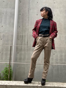 「赤チェック」｜「アイテム（スラックス）」を使った、fukuchanさん（レディース・154cm）の秋コーディネート