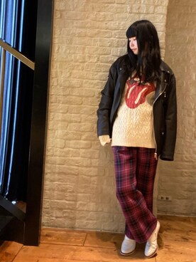 「コラボレーション」｜「アイテム（ライダースジャケット）」を使った、fukuchanさん（レディース・154cm）の秋コーディネート