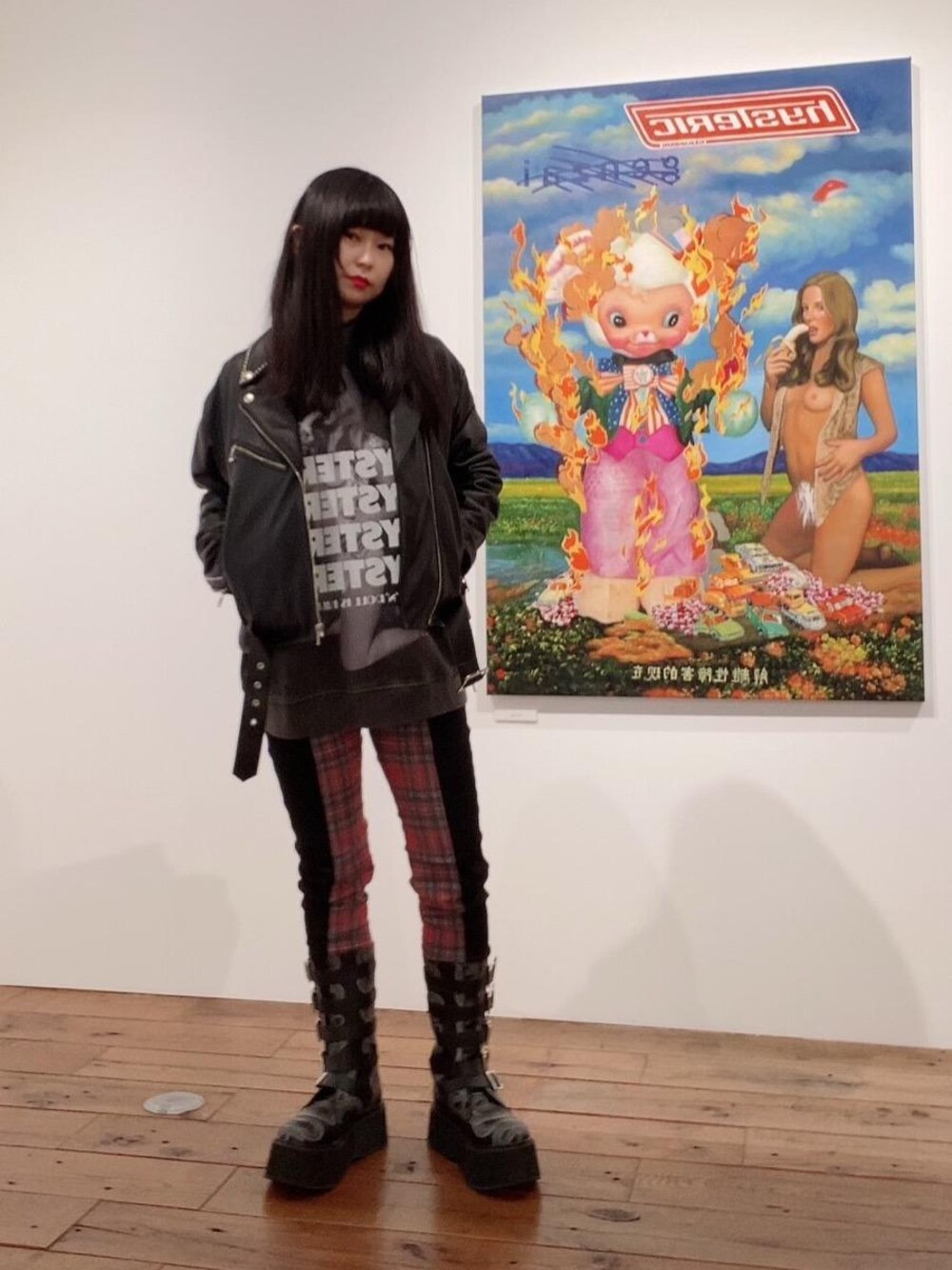 「ライダース、ダブルライダース、カジュアルコーデ、ヒステリックグラマー、ロックコーデ、hysteric glamour」｜「HYSTERIC GLAMOURのラムレザーダブルライダースジャケット（ライダースジャケット、ブラック系）」を使った、fukuchanさん（レディース・154cm）の冬コーディネートの1枚目の写真