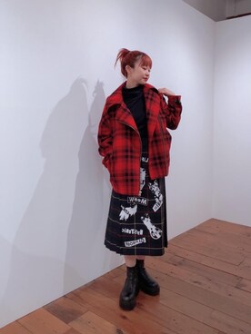 「アイテム（その他アウター、レッド系）」を使った、fukuchanさん（レディース・154cm）の冬コーディネート