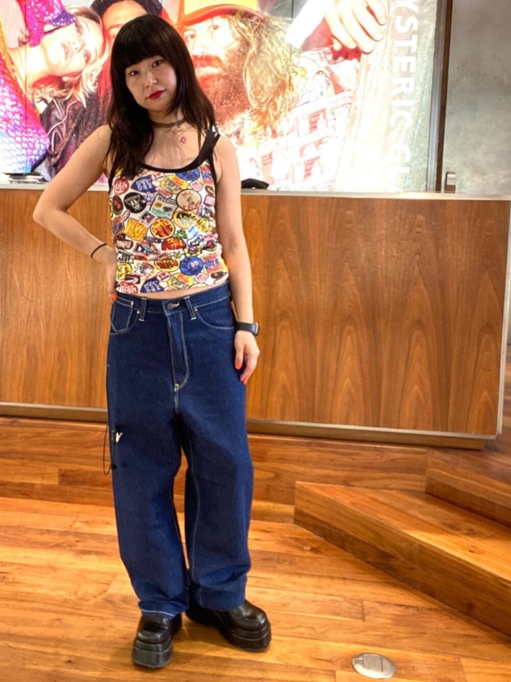 「ヒステリックグラマー、でにむ、hysteric glamour、夏コーデ、Ｔシャツ、ストリート⁈」｜「HYSTERIC GLAMOURのWAPPEN REMIX柄 キャミソール（キャミソール、その他）」を使った、fukuchanさん（レディース・154cm）の夏コーディネートの1枚目の写真