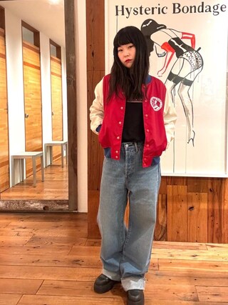 fukuchan使用「HYSTERIC GLAMOUR（アメリカンシーアイランドコットンデニム ストレートバギーパンツ）」的時尚穿搭