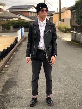 「マーチン」｜「アイテム（ライダースジャケット）」を使った、ユダイさん（メンズ・173cm）の秋コーディネート