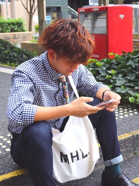 「MARGARET HOWELL（マーガレットハウエル）のHEAVY COTTON CANVAS（ショルダーバッグ、ホワイト系）」を使った、S h o t a . N 🌿さん（メンズ・172cm）の冬コーディネート