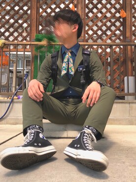 「CONVERSE（コンバース）のCONVERSE  コンバース CANVAS ALL STAR J HI  キャンバスオールスター J　ハイ  32067961  BLACK（スニーカー、ブラック系）」を使った、S h o t a . N 🌿さん（メンズ・172cm）の春コーディネート