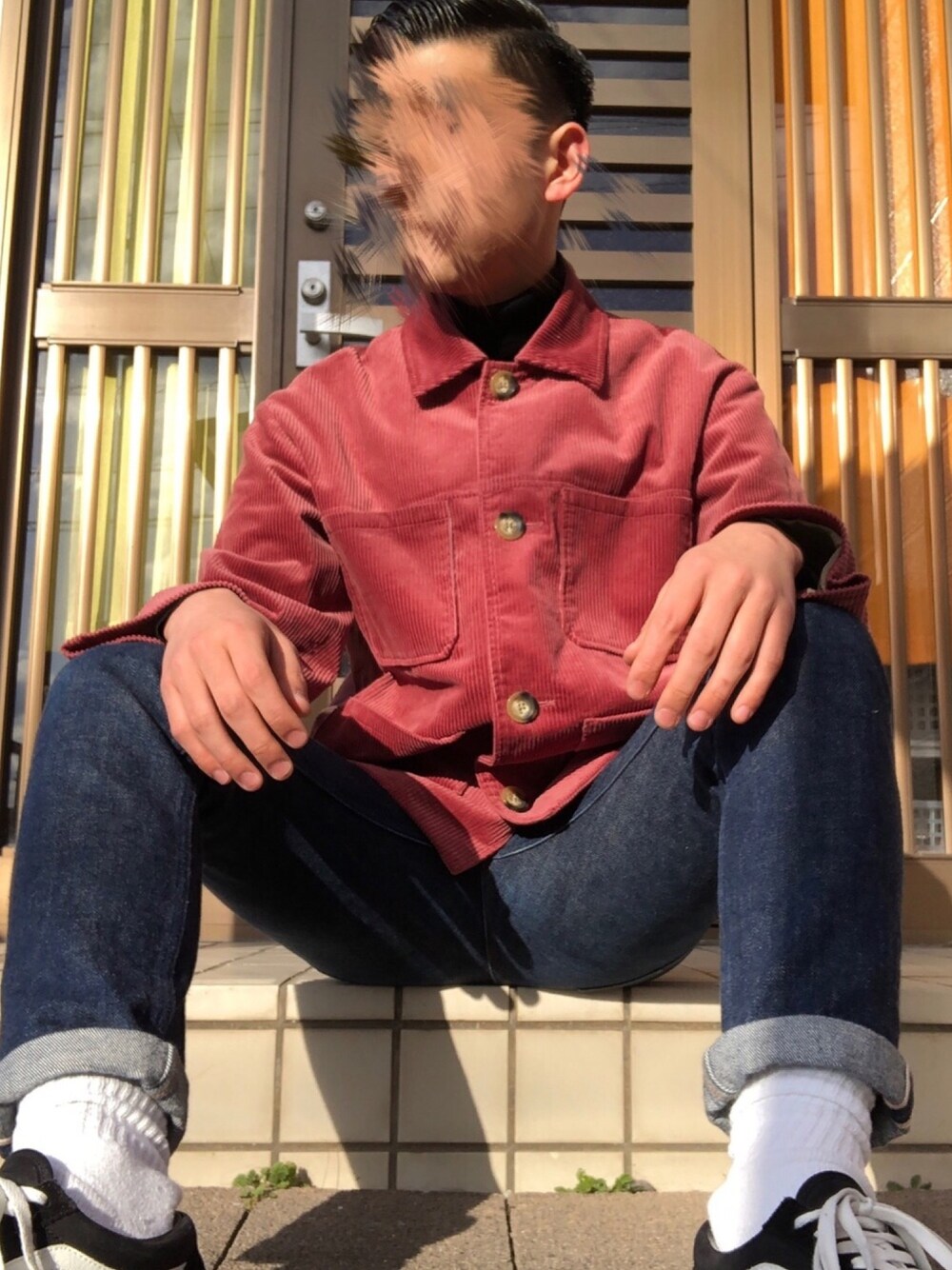 「シンプル、今日のコーデ、お洒落さんとつながりたい、ハイネック、VANS、PUBLIC TOKYO、七三分けヘアー」｜「PUBLIC TOKYOのコーデュロイカバーオール（カバーオール、ピンク系）」を使った、S h o t a . N 🌿さん（メンズ・172cm）の冬コーディネートの1枚目の写真