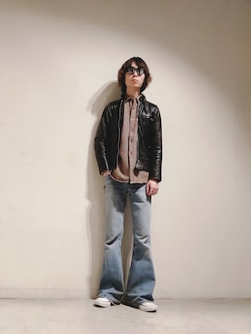「ウールシャツ」｜「アイテム（ライダースジャケット）」を使った、Tomohiro Yajimaさん（メンズ・173cm）の秋コーディネート