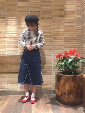 「おさげ」｜「アイテム（ハンチング/ベレー帽）」を使った、おつじさん（レディース・155cm）の春コーディネート