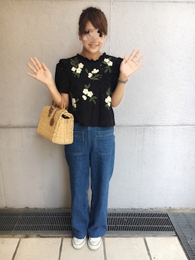 「BEAMS（ビームス）のアイテム（かごバッグ）」を使った、おちびさん（レディース・153cm）の夏コーディネート