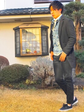 「HVC（エイチブイシー）のアイテム（チェスターコート）」を使った、よすけさん（メンズ・181cm）の冬コーディネート