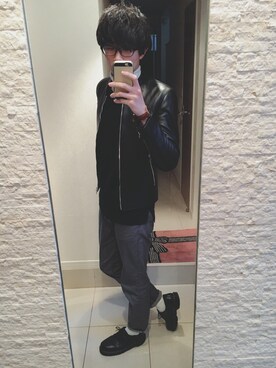 「ダニエルウェリントン」｜「アイテム（ライダースジャケット）」を使った、Tomさん（メンズ・186cm）の冬コーディネート