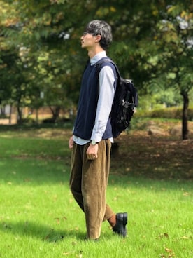 「アイテム（ソックス/靴下、ブラウン系）」を使った、Tomさん（メンズ・186cm）の秋コーディネート