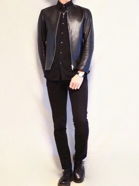ライダースジャケットを使った 黒シャツ のメンズ人気ファッションコーディネート 身長 181cm 190cm Wear