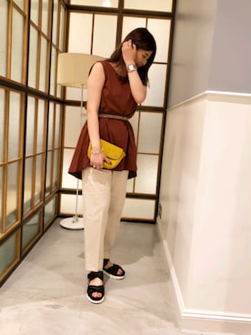 「LEPSIM（レプシィム）のバックロングチュニックノースリーブ　840750（チュニック、ブラウン系）」を使った、ぶんちゃんさん（レディース・163cm）の夏コーディネート