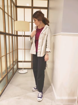 「LEPSIM（レプシィム）のデザインリブボートネック5S　834245（Tシャツ/カットソー、ピンク系）」を使った、ぶんちゃんさん（レディース・163cm）の夏コーディネート