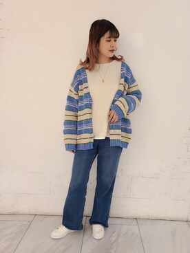 「LEPSIM（レプシィム）の★店舗限定★3Gマルチボーダーカーデ　935190（カーディガン/ボレロ、ブルー系）」を使った、ぶんちゃんさん（レディース・163cm）の春コーディネート